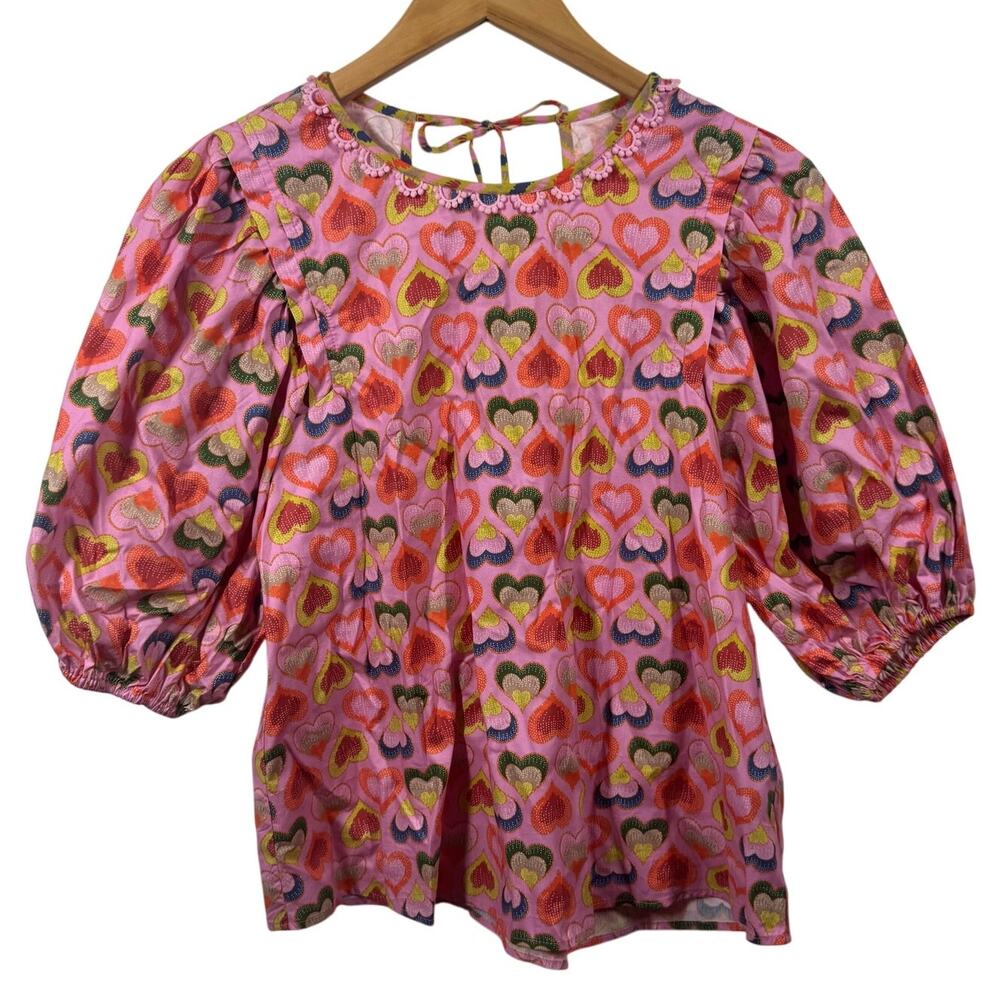Emily Lovelock Top Women XS Pink Multicolored Heart 100% Organic Cotton Puff